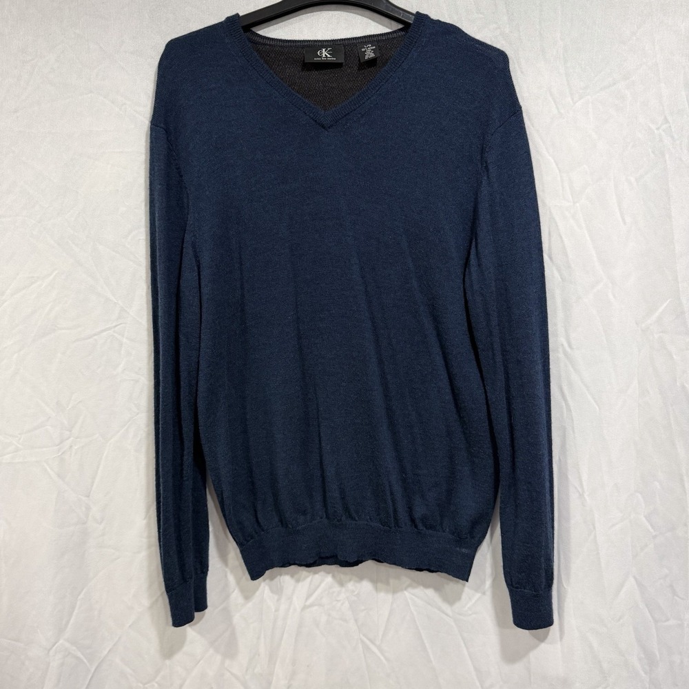Calvin Klein Blue Merino Wool V-Neck Sweater Mens M Extra Fine Lightweight L